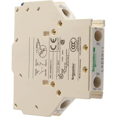 Schneider Electric Auxiliary Contact Block LAD8 - Instantaneous, 1 NO + 1 NC, Side Mount Schneider Electric Auxiliary Contact Block LAD8 - Instantaneous, 1 NO + 1 NC, Side Mount