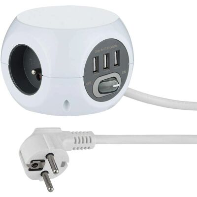 Electraline 35443 Mini Cube - 3 Portas USB 2.4A - Extensão 3M - Branco Electraline 35443 Mini Cube - 3 Portas USB 2.4A - Extensão 3M - Branco