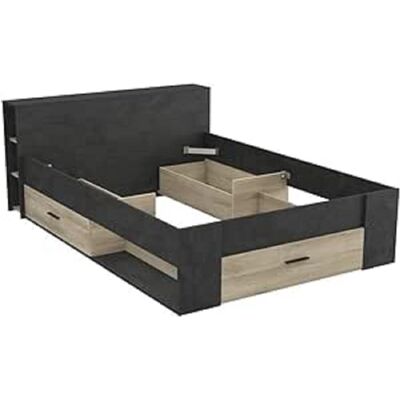 Lit de rangement chêne et noir FOUCO 140x190 cm - Publicité Lit de rangement chêne et noir FOUCO 140x190 cm - Publicité