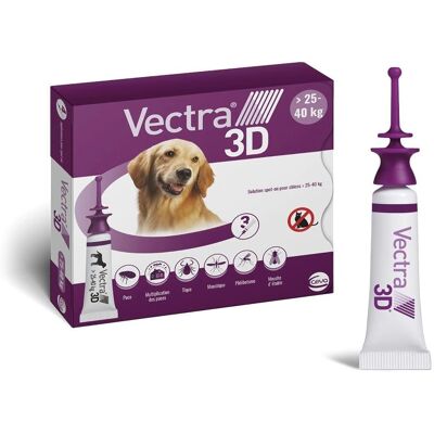 Ceva Vectra 3D chiens - Spot-on pour chiens L 25-40kg 3 pcs. Ceva Vectra 3D chiens - Spot-on pour chiens L 25-40kg 3 pcs.