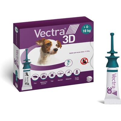 Vectra 3D Solution spot-on pour les chiens de 4 à 10 kg - 3 pipettes de 1,6 ml Vectra 3D Solution spot-on pour les chiens de 4 à 10 kg - 3 pipettes de 1,6 ml