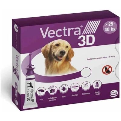 CEVA Vectra 3D Chien 25-40kg Solution antiparasitaire externe - 4 pipettes - Publicité CEVA Vectra 3D Chien 25-40kg Solution antiparasitaire externe - 4 pipettes - Publicité