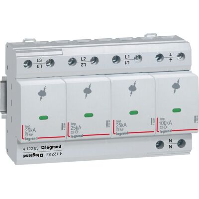 Interruptor de circuito Legrand 412283 - 3P+N, 25kA, 350V, Protector de sobretensión Tipo 1 Interruptor de circuito Legrand 412283 - 3P+N, 25kA, 350V, Protector de sobretensión Tipo 1