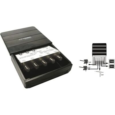 Metronic External Digital Terrestrial Amplifier - 3 in/2 out, 3 UHF/VHF inputs - 2 TV outputs Metronic External Digital Terrestrial Amplifier - 3 in/2 out, 3 UHF/VHF inputs - 2 TV outputs