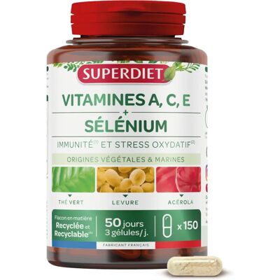 Superdiet Complexe de Vitamines A, C, E & Sélénium - 150 Gélules - Publicité Superdiet Complexe de Vitamines A, C, E & Sélénium - 150 Gélules - Publicité