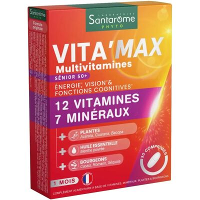 Vita'Max Multivitamines Sénior - Énergie & Vitalité - 30 Comprimés - Publicité Vita'Max Multivitamines Sénior - Énergie & Vitalité - 30 Comprimés - Publicité