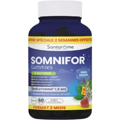 Gummies Somnifor de Santarome Mélatonine Sommeil & Relaxation - Compléments alimentaires - Publicité Gummies Somnifor de Santarome Mélatonine Sommeil & Relaxation - Compléments alimentaires - Publicité