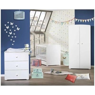 Ensemble chambre bébé blanc Babyprice - 120x60, lit, armoire - Publicité Ensemble chambre bébé blanc Babyprice - 120x60, lit, armoire - Publicité
