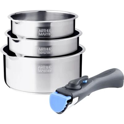 Set de 3 Casseroles en Acier Inoxydable Arthur Martin - Poignées Amovibles - Publicité Set de 3 Casseroles en Acier Inoxydable Arthur Martin - Poignées Amovibles - Publicité