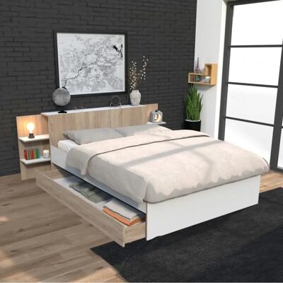 Cama CITY 140x190 de Weber - Almacenamiento y Acabado en Blanco y Roble Cama CITY 140x190 de Weber - Almacenamiento y Acabado en Blanco y Roble