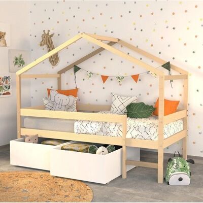 Petits-Meubles MIKA Holzbett in Hüttchen-Design - 90x190cm mit Schubladen Petits-Meubles MIKA Holzbett in Hüttchen-Design - 90x190cm mit Schubladen