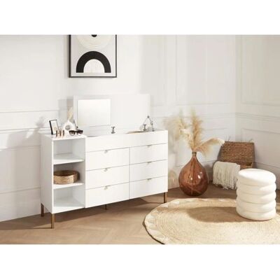 Vente-unique Onisha Commode blanche et dorée - 6 tiroirs, 3 étagères, miroir - Mobilier écologique européen - Publicité Vente-unique Onisha Commode blanche et dorée - 6 tiroirs, 3 étagères, miroir - Mobilier écologique européen - Publicité