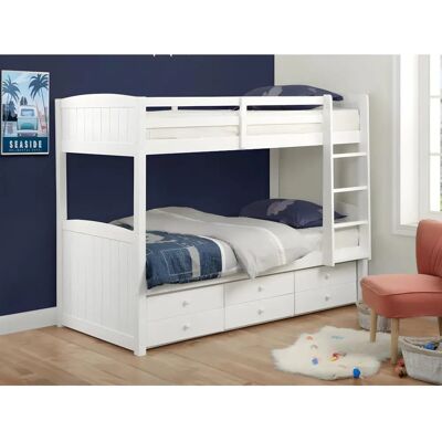 Unique - Litera en pin massif avec rangement - 90x190cm - Blanc Unique - Litera en pin massif avec rangement - 90x190cm - Blanc