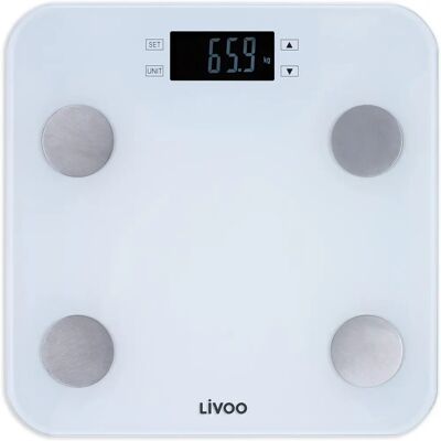 Livoo Witte Lichaamsweegschaal - 13 Opslag - 180 Kg - Glas Livoo Witte Lichaamsweegschaal - 13 Opslag - 180 Kg - Glas