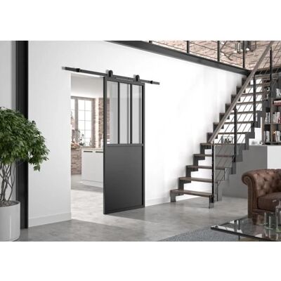 Kit Porte Coulissante Noir - Verre Industriel - 204x93cm Kit Porte Coulissante Noir - Verre Industriel - 204x93cm