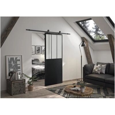 Kit porte coulissante noir OPTIMUM - 204x93cm - Verre dépoli Kit porte coulissante noir OPTIMUM - 204x93cm - Verre dépoli