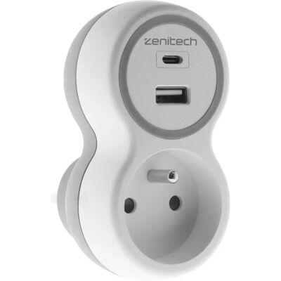 Zenitech Steckdose mit USB-A und C - Grau, Weiß - Sicherung Zenitech Steckdose mit USB-A und C - Grau, Weiß - Sicherung