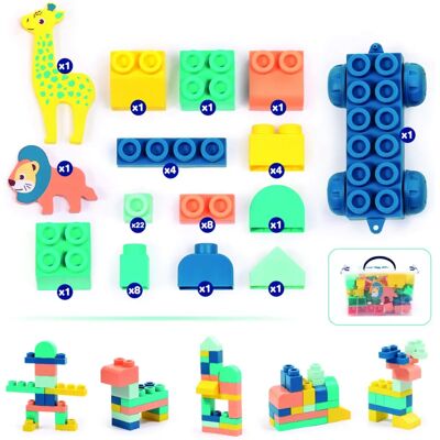 LUDI 30083 Bausteinspielzeug - 53 Steine, Schiebe-Fahrzeug, Schaumtiere LUDI 30083 Bausteinspielzeug - 53 Steine, Schiebe-Fahrzeug, Schaumtiere