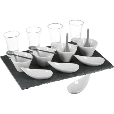 SG SECRET DE GOURMET 17-teiliges Aperitif-Set - Schiefertablett, Gläser, Schalen, Löffel SG SECRET DE GOURMET 17-teiliges Aperitif-Set - Schiefertablett, Gläser, Schalen, Löffel