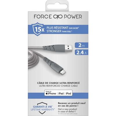 Force Power Câble USB A/Lightning ultra résistant - Gris - Câble USB - Publicité Force Power Câble USB A/Lightning ultra résistant - Gris - Câble USB - Publicité