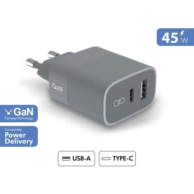 Cargador Force Power 45W USB A+C GaN - Universal, Rápido, Reciclado Cargador Force Power 45W USB A+C GaN - Universal, Rápido, Reciclado