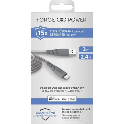 Force Power Modell - Grau Ultra-Reinforced USB A/Lightning Kabel 3m - 2,4A Force Power Modell - Grau Ultra-Reinforced USB A/Lightning Kabel 3m - 2,4A