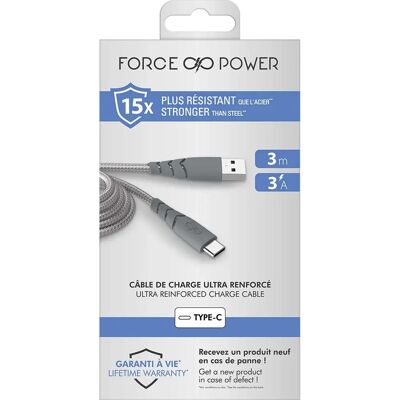 Câble USB A/USB C Ultra-Réforcé - 3m - 3A - Gris - Câble USB - Publicité Câble USB A/USB C Ultra-Réforcé - 3m - 3A - Gris - Câble USB - Publicité