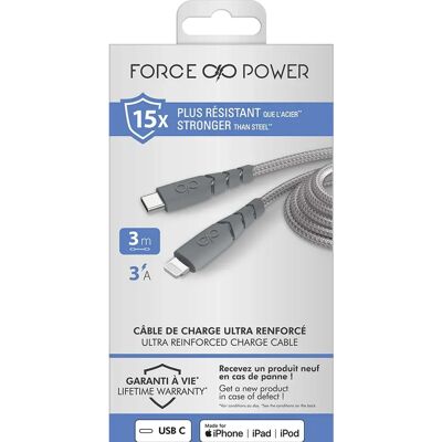 Cable USB con Lightning Ultra Reforzado - 3m - 3A - Gris Cable USB con Lightning Ultra Reforzado - 3m - 3A - Gris