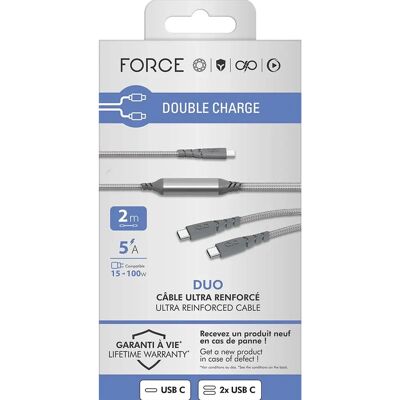 Force Power USB-C to USB-C Duo Cable 100W 5A Ultra-Renforced Charge and Sync 2m - USB-C Cable Force Power USB-C to USB-C Duo Cable 100W 5A Ultra-Renforced Charge and Sync 2m - USB-C Cable