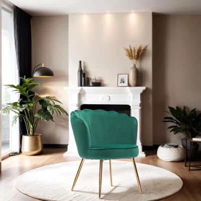 Fauteuil velours Callista - Dossier en coquillage - Vert sapin - Pieds dorés - Fauteuil - Publicité Fauteuil velours Callista - Dossier en coquillage - Vert sapin - Pieds dorés - Fauteuil - Publicité
