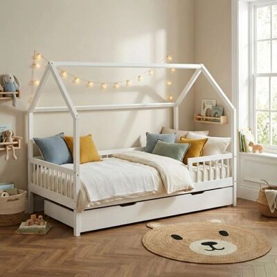 TINY - Lit cabane - blanc - 90x190 cm - pin massif - Bed - Publicité TINY - Lit cabane - blanc - 90x190 cm - pin massif - Bed - Publicité