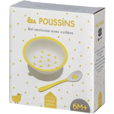 PETIT JOUR Les Poussins Bol à ventouse et cuillère pour bébé - Publicité PETIT JOUR Les Poussins Bol à ventouse et cuillère pour bébé - Publicité