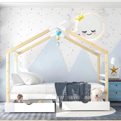 OKWISH - Kinder Hausbett - 210x96x183 cm - Weiß & Pinie - Bett OKWISH - Kinder Hausbett - 210x96x183 cm - Weiß & Pinie - Bett
