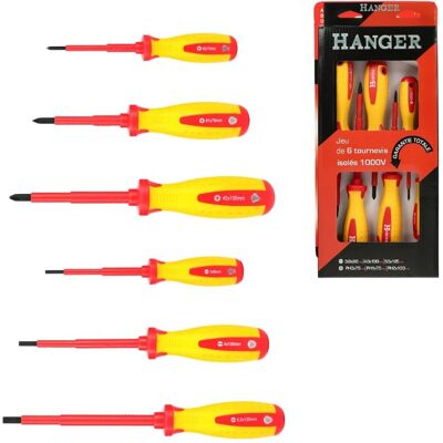 HANGER 132090 - Jeu de 6 tournevis isolés - Plat et cruciformes - 1000V - Publicité HANGER 132090 - Jeu de 6 tournevis isolés - Plat et cruciformes - 1000V - Publicité