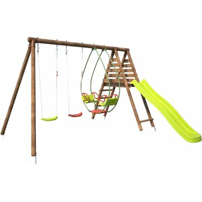 Structure de Jeu en Bois Soulet avec Toboggan et Balancoires - Publicité Structure de Jeu en Bois Soulet avec Toboggan et Balancoires - Publicité