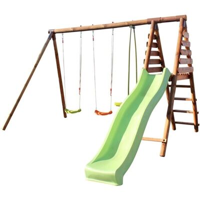 Soulet - Estructura de juego de madera Violette con tobogán y columpios - 3,50m x 2,05m x 2,35m Soulet - Estructura de juego de madera Violette con tobogán y columpios - 3,50m x 2,05m x 2,35m