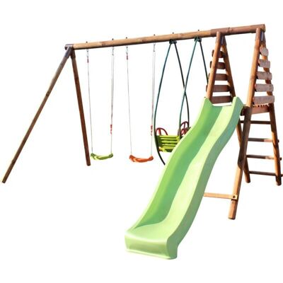 Parque infantil de madera Narcisse de Soulet con tobogán, 2 columpios y góndola - 3,90 m x 3,50 m x 2,35 m Parque infantil de madera Narcisse de Soulet con tobogán, 2 columpios y góndola - 3,90 m x 3,50 m x 2,35 m