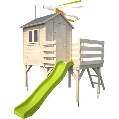 Casita de Juego Elevada de Madera con Tobogán - Madera Natural - Casa de Jardín para Niños Casita de Juego Elevada de Madera con Tobogán - Madera Natural - Casa de Jardín para Niños