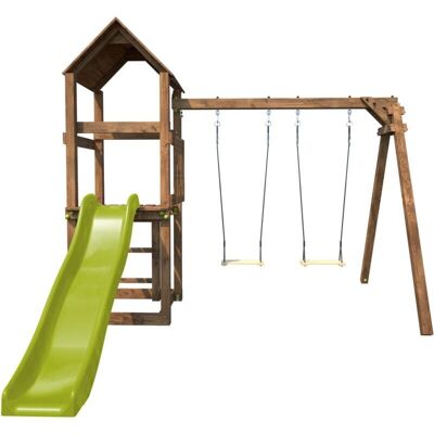Aire de jeux en bois Soulet avec balançoires et toboggan - Enfants 3-12 - Publicité Aire de jeux en bois Soulet avec balançoires et toboggan - Enfants 3-12 - Publicité