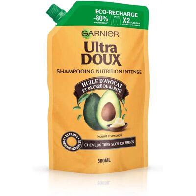 Garnier Ultra Doux Eco-Recharge - Shampoo Nourrissant pour Cheveux Secs - Publicité Garnier Ultra Doux Eco-Recharge - Shampoo Nourrissant pour Cheveux Secs - Publicité