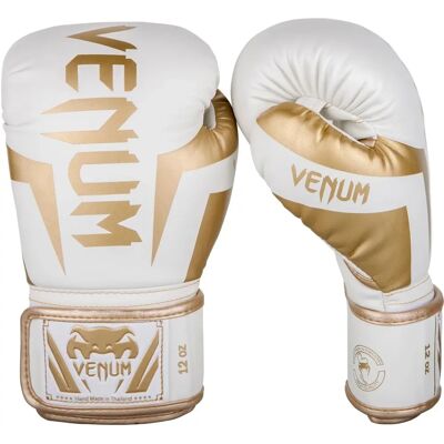 Gants de boxe d’entraînement Venum Elite Skintex cuir avec crochet et boucle - Blanc/Or Gants de boxe d’entraînement Venum Elite Skintex cuir avec crochet et boucle - Blanc/Or