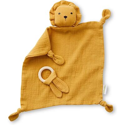 Vertbaudet Doudou personnalisé en gaze de coton + hochet en bois - Jaune Vertbaudet Doudou personnalisé en gaze de coton + hochet en bois - Jaune