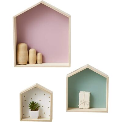 Estantes de casas de madeira cor de rosa - Conjunto de 3 - Estantes Estantes de casas de madeira cor de rosa - Conjunto de 3 - Estantes