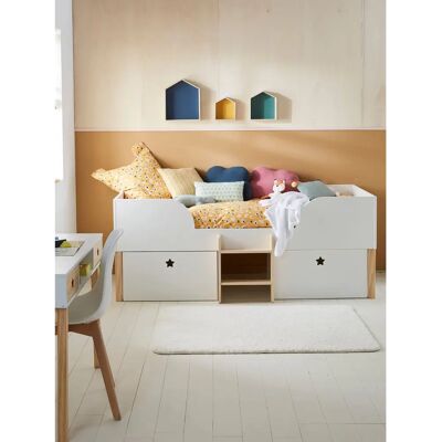 Lit en hauteur Vertbaudet blanc / bois avec rangements - 90x190 cm Lit en hauteur Vertbaudet blanc / bois avec rangements - 90x190 cm