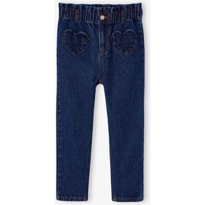 Vertbaudet calças girl estilo paperbag com bolsos coração denim azul - Calças Vertbaudet calças girl estilo paperbag com bolsos coração denim azul - Calças