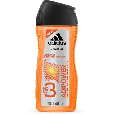 Adidas Adipower 3-en-1 Corps Visage Gel douche - Publicité Adidas Adipower 3-en-1 Corps Visage Gel douche - Publicité