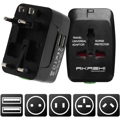 Adaptateur de Voyage AKASHI ALTWP200BLK - Universel, 2 USB, Noir - Publicité Adaptateur de Voyage AKASHI ALTWP200BLK - Universel, 2 USB, Noir - Publicité