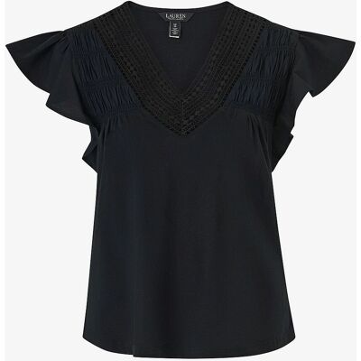 Lauren Ralph Lauren Jersey Top V-hals med blonde og rynker - T-skjorte Lauren Ralph Lauren Jersey Top V-hals med blonde og rynker - T-skjorte