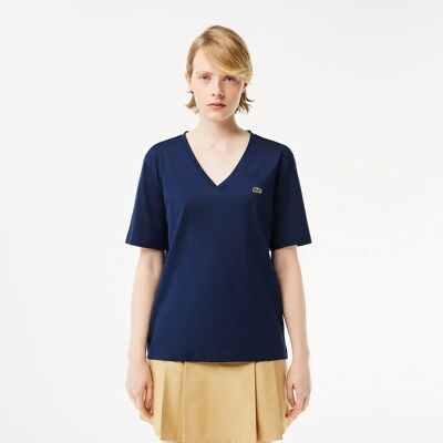 T-Shirt in Cotone Blu con Collo a V di Lacoste Donna T-Shirt in Cotone Blu con Collo a V di Lacoste Donna