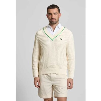 Lacoste Męska Sweter Tenisowy z dekoltem w serek - Beżowy XL Lacoste Męska Sweter Tenisowy z dekoltem w serek - Beżowy XL